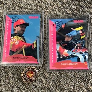 Davy Allison Trax Collectors Cards #100 & # 127 &Vintage 1991 Anniversary Pin.